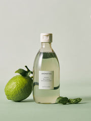 AROMATICA Inspirit Body Wash Basil & Bergamot 300ml by ProtoClinical displayed in a clean branded skincare graphic emphasizing the body wash bottle for a k-beauty routine.