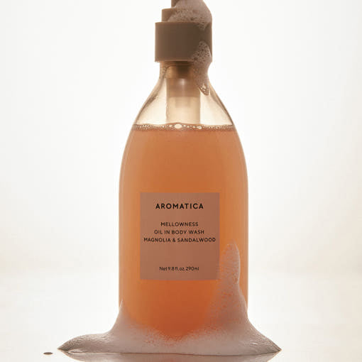 AROMATICA Mellowness Oil In Body Wash Magnolia & Sandalwood 290ml by ProtoClinical displayed in a clean product layout featuring the body wash packaging for a k-beauty body care routine.