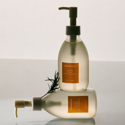 AROMATICA Vitalizing Rosemary Pore Cleansing Oil 200ml by ProtoClinical displayed in a neat product presentation featuring the bottle packaging for a k-beauty skincare routine.