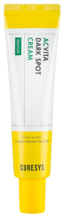 ProtoClinical k-beauty CURESYS Acvita Dark Spot Cream 30ml single tall yellow cream tube silhouette with pale blue side shading on a light background