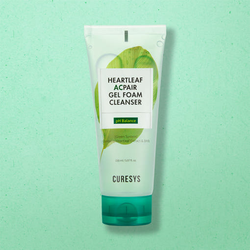 ProtoClinical k-beauty CURESYS Heartleaf Acpair Gel Foam Cleanser 150ml in a single upright mint-green cleanser tube on a soft aqua gradient background