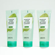 ProtoClinical k-beauty CURESYS Heartleaf Acpair Gel Foam Cleanser 150ml with three mint-green cleanser tubes standing side by side on a white background
