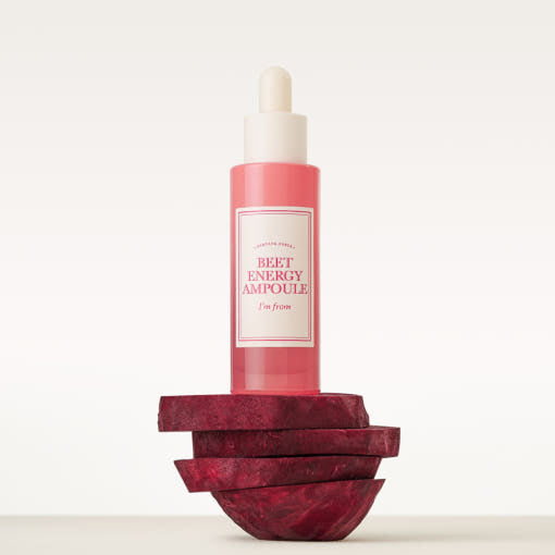 ProtoClinical k-beauty I'm from Beet Energy Ampoule 30ml single upright peach ampoule bottle centered on a light background with soft aqua side shading