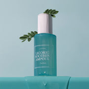 ProtoClinical k-beauty I'm from Licorice Soothing Ampoule 30ml single upright olive ampoule bottle centered on a pale aqua background with soft cream side shading