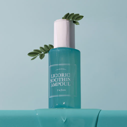 ProtoClinical k-beauty I'm from Licorice Soothing Ampoule 30ml single upright olive ampoule bottle centered on a pale aqua background with soft cream side shading