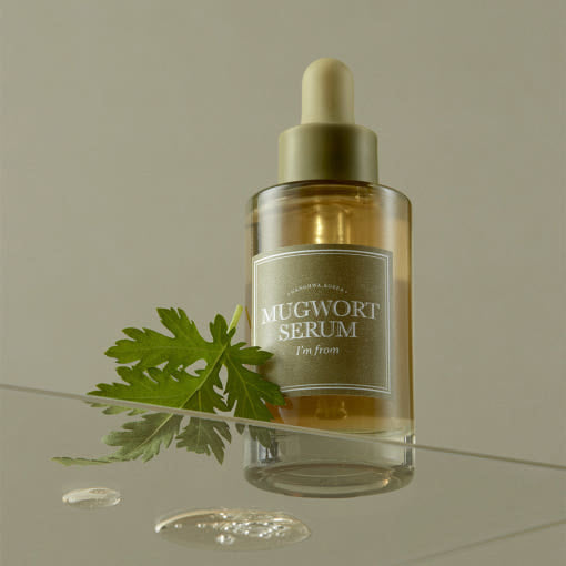 ProtoClinical k-beauty I'm from Mugwort Serum 30ml single upright olive serum bottle centered on a pale aqua background with soft mint side shading