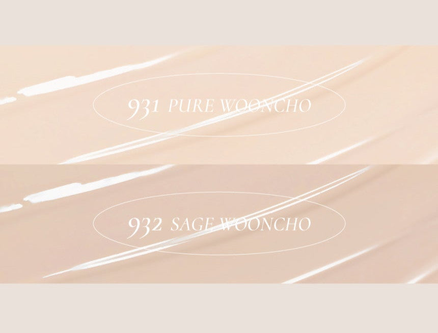 ProtoClinical k-beauty Dinto Wooncho Blur-Glowy Foundation 25ml collage showing a female model, a square foundation bottle held in hand, and two beige shade swatch strips labeled 931 Pure Wooncho and 932 Sage Wooncho on a soft beige background