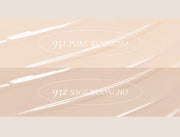 ProtoClinical k-beauty Dinto Wooncho Blur-Glowy Foundation 25ml collage showing a female model, a square foundation bottle held in hand, and two beige shade swatch strips labeled 931 Pure Wooncho and 932 Sage Wooncho on a soft beige background