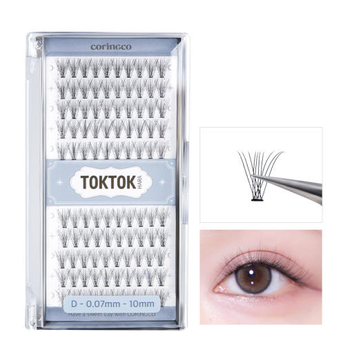 ProtoClinical k-beauty CORINGCO Toktok-Hara Air Eyelash 100pcs (3 Types) in a clear blue lash case with gray lash clusters, plus inset close-ups on a white background