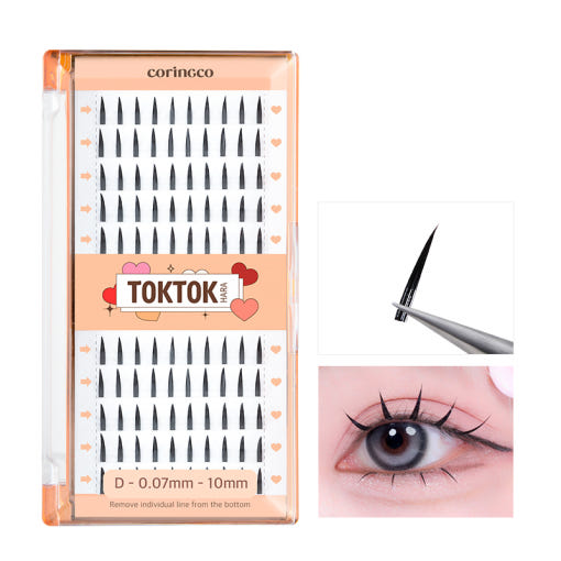 ProtoClinical k-beauty CORINGCO Toktok-Hara Bold Eyelash 100pcs (3 Types) in a clear peach lash case with black lash clusters, plus two inset close-ups on a white background