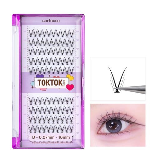 ProtoClinical k-beauty CORINGCO Toktok-Hara Check Eyelash 100pcs (3 Types) shown as false eyelash trays with rows of black lashes in a square product photo on a light background
