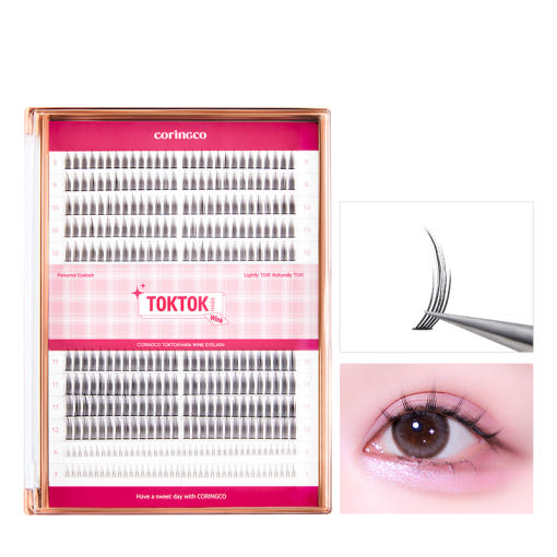 CORINGCO Toktok-Hara Wink Fake Eyelashes 292pcs (Mix Set) by ProtoClinical presented in false eyelash set packaging with pink and green accents on a light background for a k-beauty makeup routine.