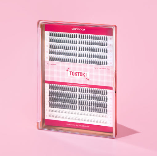 ProtoClinical k-beauty CORINGCO Toktok-Hara Wink Fake Eyelashes 292pcs (Mix Set) with mixed false eyelash trays and soft pastel packaging on a light background