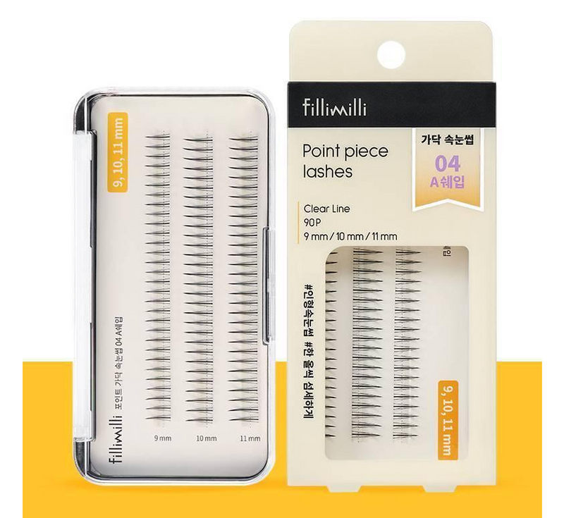 ProtoClinical k-beauty Fillimilli Point Piece Lashes (9,10,11MM) (90pcs) #A-SHAPE single horizontal lash package with a dark top band, pale lavender center, and yellow lower section on a white background