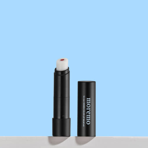 ProtoClinical k-beauty moremo For Men Hidden Color Lip Balm B 3g single upright dark blue lip balm tube centered on a pale blue gradient background
