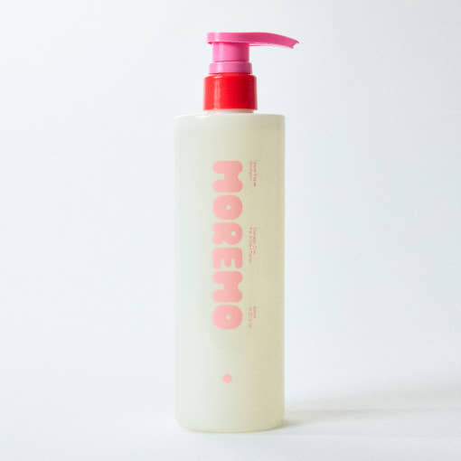 ProtoClinical k-beauty moremo Super Repair Shampoo 480ml, single tall shampoo bottle on a light background with pale blue side accents.