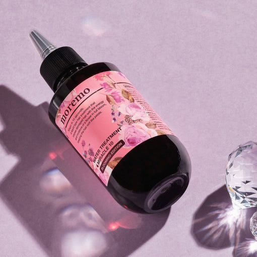ProtoClinical k-beauty moremo Water Treatment Miracle 10 200ml (Blooming Edition) single upright dark rose treatment bottle centered on a lavender background.