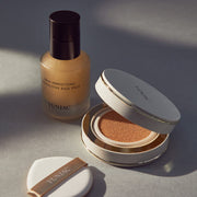 ProtoClinical k-beauty beige and orange beauty product graphic on a muted gray background.