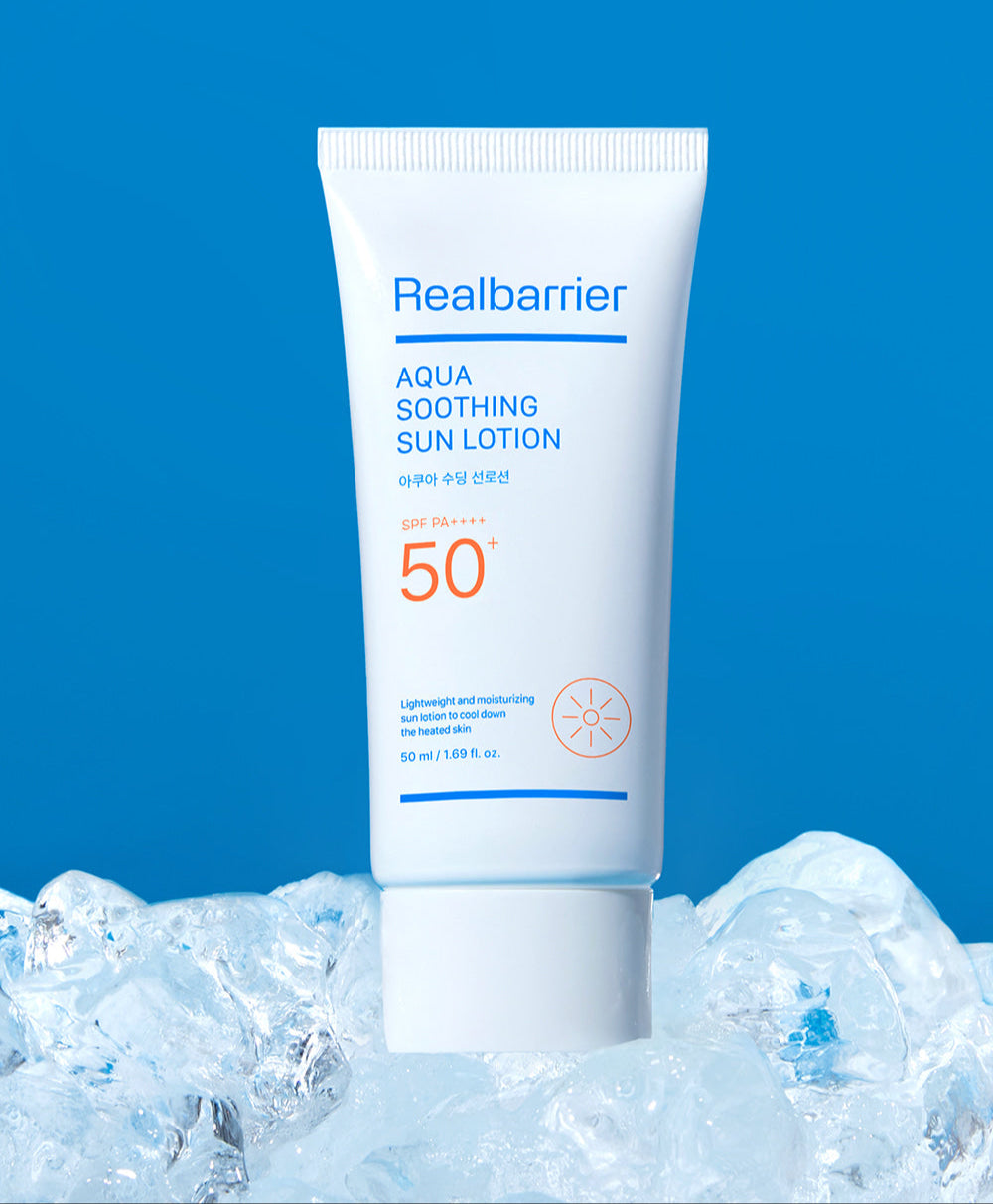 ProtoClinical k-beauty [Real Barrier] Aqua Soothing Sun Lotion SPF50+ PA++++ 50ml single upright white sun lotion tube on a bright blue background with a pale pink lower accent.