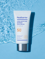 ProtoClinical k-beauty [Real Barrier] Cera Moisture Barrier Sun Cream SPF 50+ PA++++ 50ml single upright white sun cream tube on a cool blue background with a dark right-side shadow.