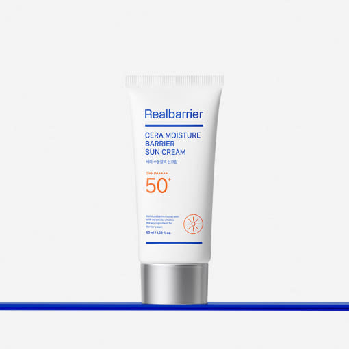 ProtoClinical k-beauty [Real Barrier] Cera Moisture Barrier Sun Cream SPF 50+ PA++++ 50ml single upright white sun cream tube on a pale cream and lavender background.