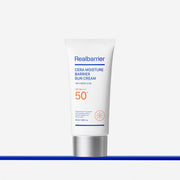 ProtoClinical k-beauty [Real Barrier] Cera Moisture Barrier Sun Cream SPF 50+ PA++++ 50ml single upright white sun cream tube on a pale cream and lavender background.