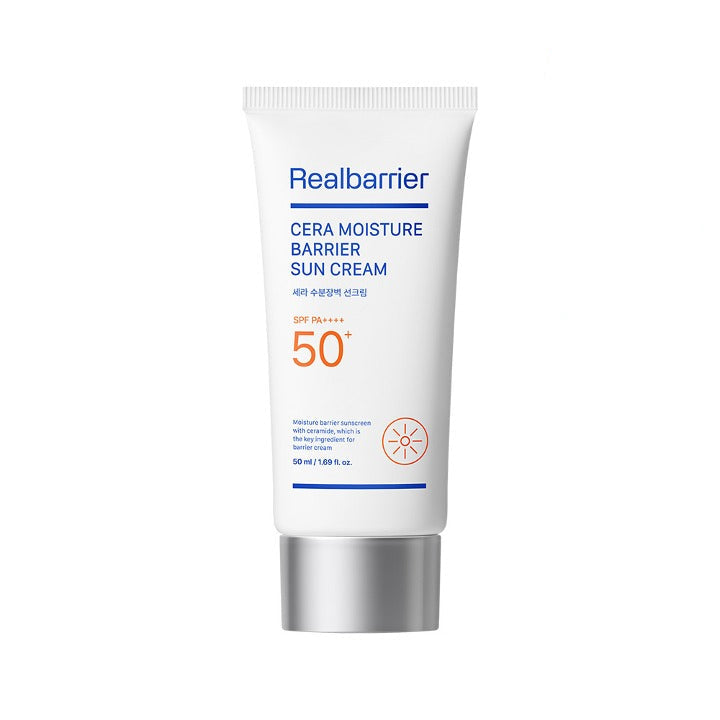 ProtoClinical k-beauty [Real Barrier] Cera Moisture Barrier Sun Cream SPF 50+ PA++++ 50ml single upright white sun cream tube on a bright blue background.