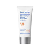 ProtoClinical k-beauty [Real Barrier] Cera Moisture Barrier Sun Cream SPF 50+ PA++++ 50ml single upright white sun cream tube on a bright blue background.