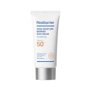 ProtoClinical k-beauty [Real Barrier] Cera Moisture Barrier Sun Cream SPF 50+ PA++++ 50ml single upright white sun cream tube on a bright blue background.