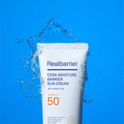 ProtoClinical k-beauty [Real Barrier] Cera Moisture Barrier Sun Cream SPF 50+ PA++++ 50ml single upright white sun cream tube on a bright blue background.