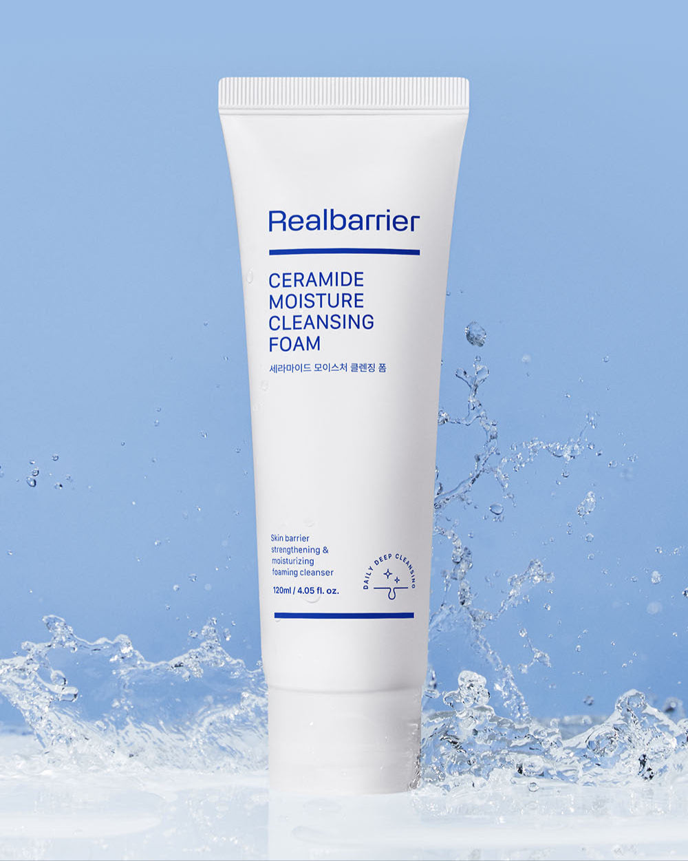 ProtoClinical k-beauty [Real Barrier] Ceramide Moisture Cleansing Foam 120ml single upright white cleansing foam tube on a cool blue background with soft gray lower shading.