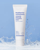 ProtoClinical k-beauty [Real Barrier] Ceramide Moisture Cleansing Foam 120ml single upright white cleansing foam tube on a cool blue background with soft gray lower shading.