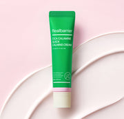 ProtoClinical k-beauty [Real Barrier] Cica Calamine Quick Calming Cream 30ml product graphic with a centered upright green tube, soft pink side shading, and a light background