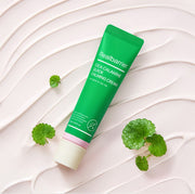 ProtoClinical k-beauty [Real Barrier] Cica Calamine Quick Calming Cream 30ml product graphic with a centered upright green tube, pale pink side panels, and a light background
