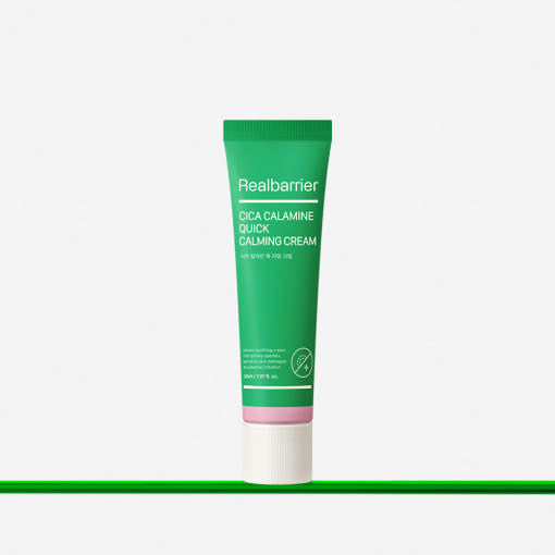 ProtoClinical k-beauty [Real Barrier] Cica Calamine Quick Calming Cream 30ml pale green vertical packaging silhouette with soft pink side accents on a light background.