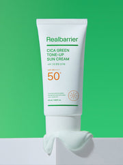 ProtoClinical k-beauty [Real Barrier] Cica Green Tone Up Sun Cream SPF 50+ PA++++ 50ml single upright pale green sun cream tube on a bright green background with a soft pink lower accent.