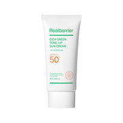 ProtoClinical k-beauty [Real Barrier] Cica Green Tone Up Sun Cream SPF 50+ PA++++ 50ml single upright pale green sun cream tube on a light background.