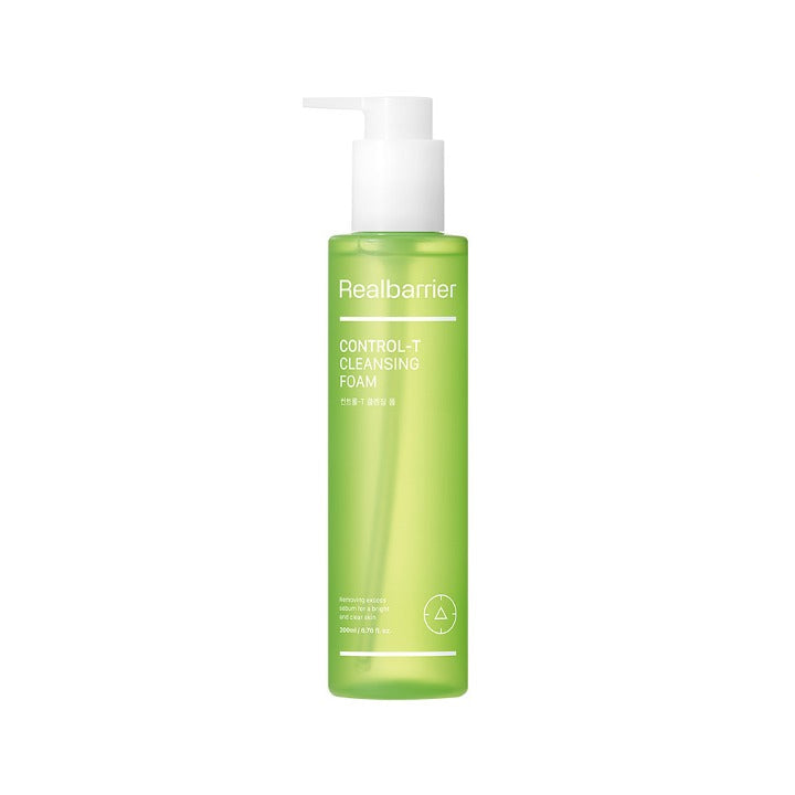ProtoClinical k-beauty [Real Barrier] Control-T Cleansing Foam 200ml single upright pale green cleansing foam tube on a light background with soft pink side accents.