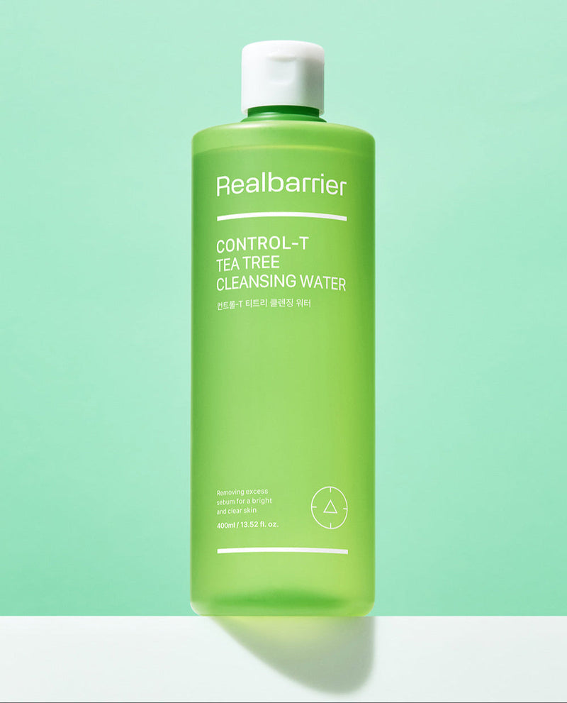 ProtoClinical k-beauty [Real Barrier] Control-T Tea Tree Cleansing Water 400ml single upright green cleansing water bottle on a cool blue background.