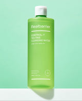 ProtoClinical k-beauty [Real Barrier] Control-T Tea Tree Cleansing Water 400ml single upright green cleansing water bottle on a cool blue background.