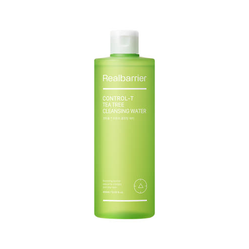 ProtoClinical k-beauty [Real Barrier] Control-T Tea Tree Cleansing Water 400ml single upright pale green cleansing water bottle on a light background with soft pink side accents.