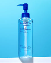 ProtoClinical k-beauty [Real Barrier] Extreme Deep Cleansing Blue Oil 200ml single upright blue cleansing oil bottle on a bright aqua background.