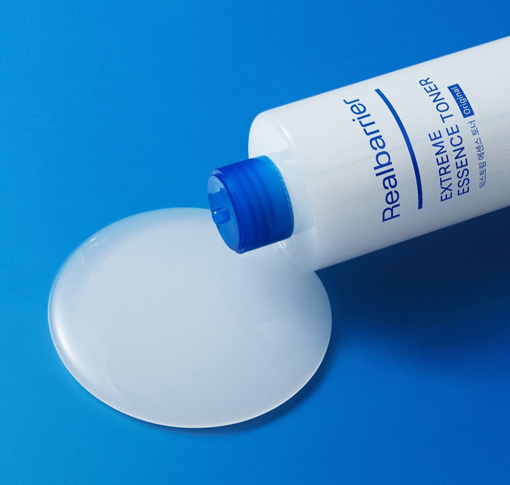 ProtoClinical k-beauty abstract beauty graphic with bright blue tones, pale central highlights, and deep navy right-side shading.