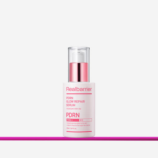 [Real Barrier] PDRN Glow Repair Serum 30ml by ProtoClinical shown in a vertical serum bottle silhouette on a light background for a k-beauty skincare routine.