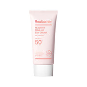 ProtoClinical k-beauty [Real Barrier] Peach Fit Tone-Up Sun Cream SPF 50+ PA++++50ml single upright pink sun cream tube on a light background.