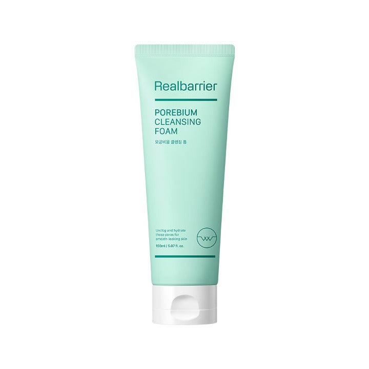 ProtoClinical k-beauty [Real Barrier] Porebium Cleansing Foam 150ml single upright pale green cleansing foam tube on a light background with soft pink side accents.