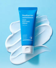 ProtoClinical k-beauty [Real Barrier] Aqua Soothing Cream [Tube] 75ml shown as a single skincare tube silhouette with blue vertical bands on a pale aqua background