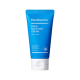 ProtoClinical k-beauty [Real Barrier] Aqua Soothing Cream [Tube] 75ml shown as a single blue tube silhouette centered on a light background with soft warm peach accents