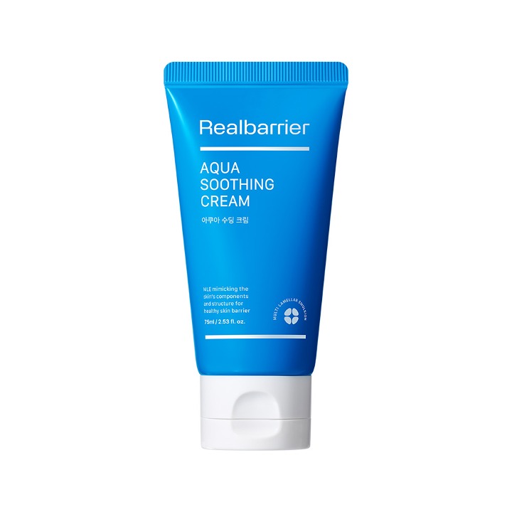 ProtoClinical k-beauty [Real Barrier] Aqua Soothing Cream [Tube] 75ml shown as a single blue tube silhouette centered on a light background with soft warm peach accents