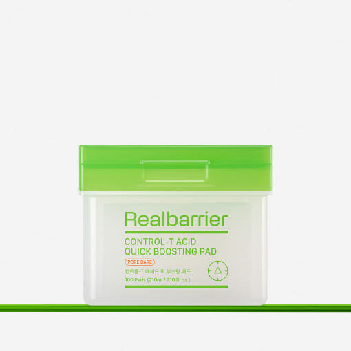 ProtoClinical k-beauty [Real Barrier] CONTROL-T Acid Quick Boosting Pad 210ml/100pads packaging with green and cream horizontal bands on a light background.